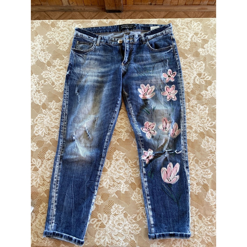 Jeans Women's Blue Hand-painted floral, Distressed